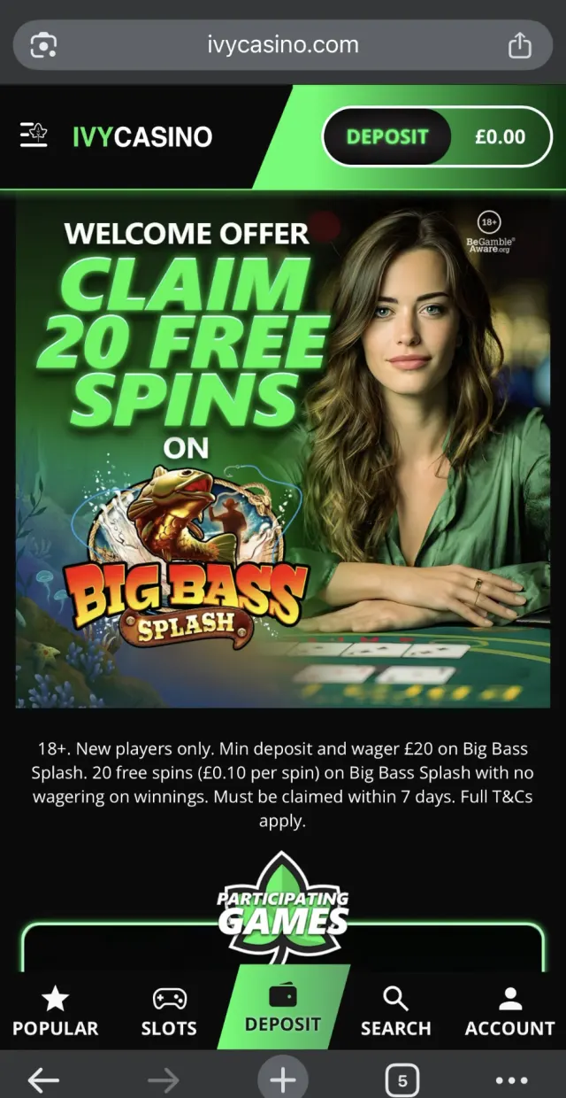 Ivy Casino deposit, step 1: Ivy Casino's lobby before we deposited: the balance reads £0.00.