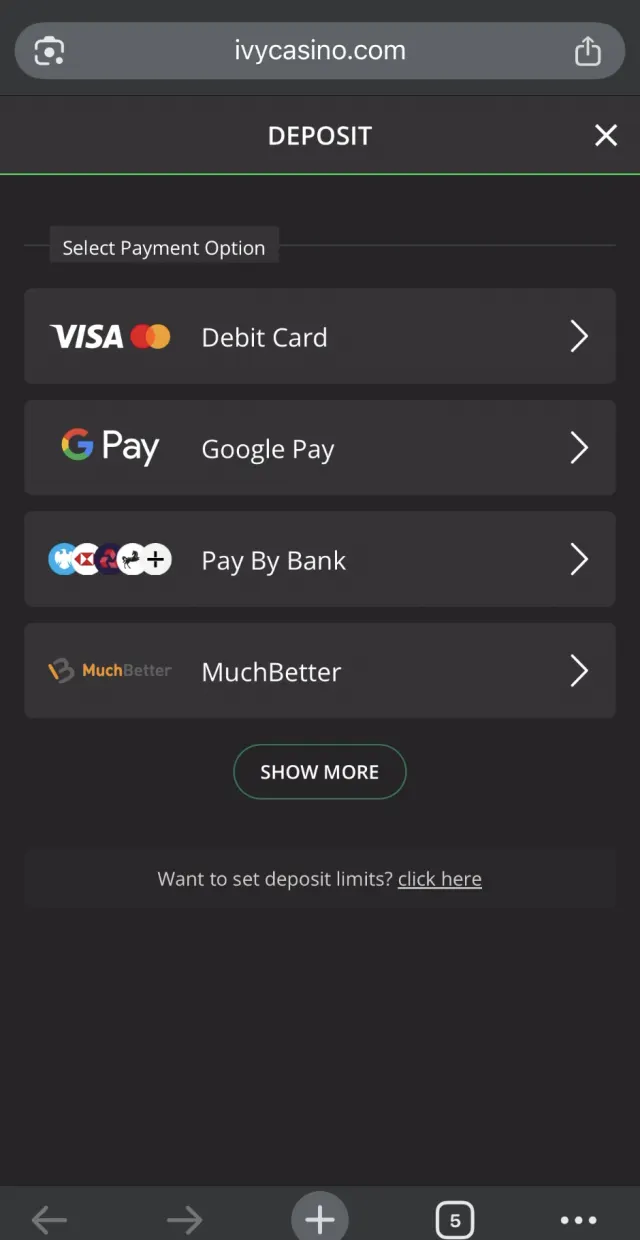 Ivy Casino deposit, step 2: Opening the cashier shows card, Google Pay, Pay By Bank and MuchBetter first.