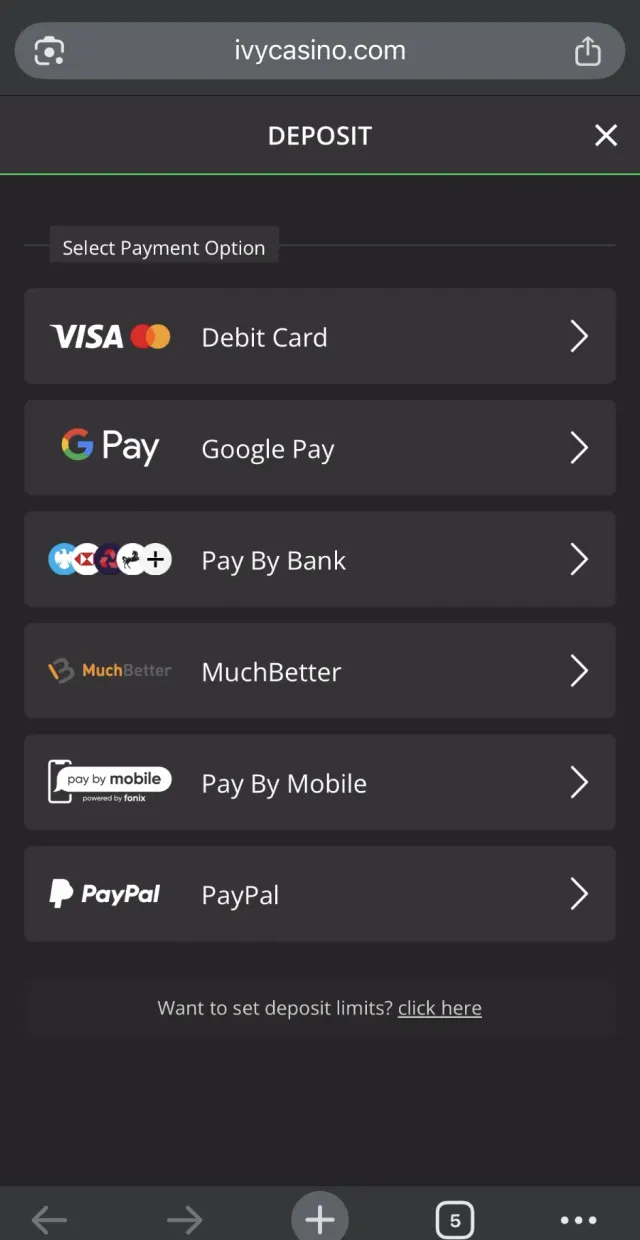 Ivy Casino deposit, step 3: Tapping "show more" reveals Pay By Mobile, powered by Fonix.