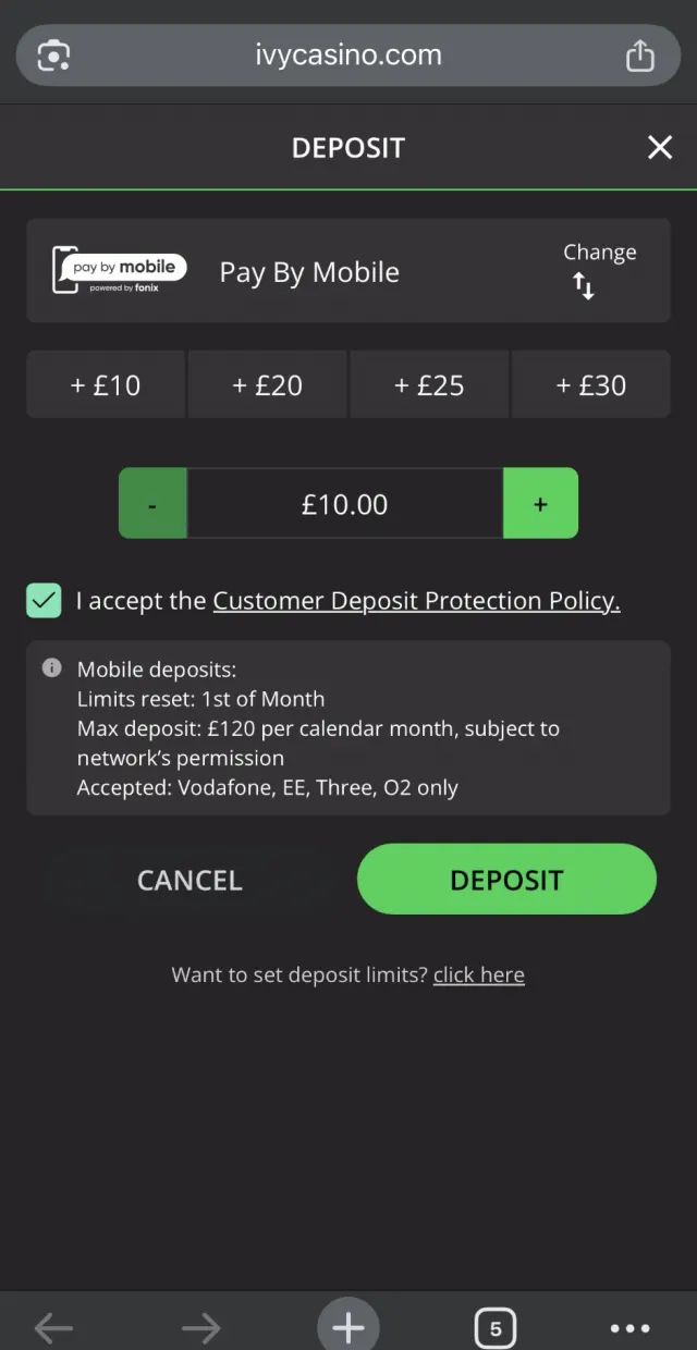 Ivy Casino deposit, step 5: Tick the deposit-protection policy, then tap Deposit.