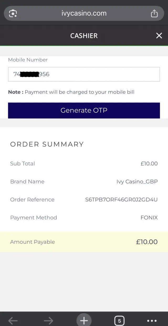 Ivy Casino deposit, step 6: Enter the mobile number and the order summary names the rail outright: Payment Method FONIX, amount £10.
