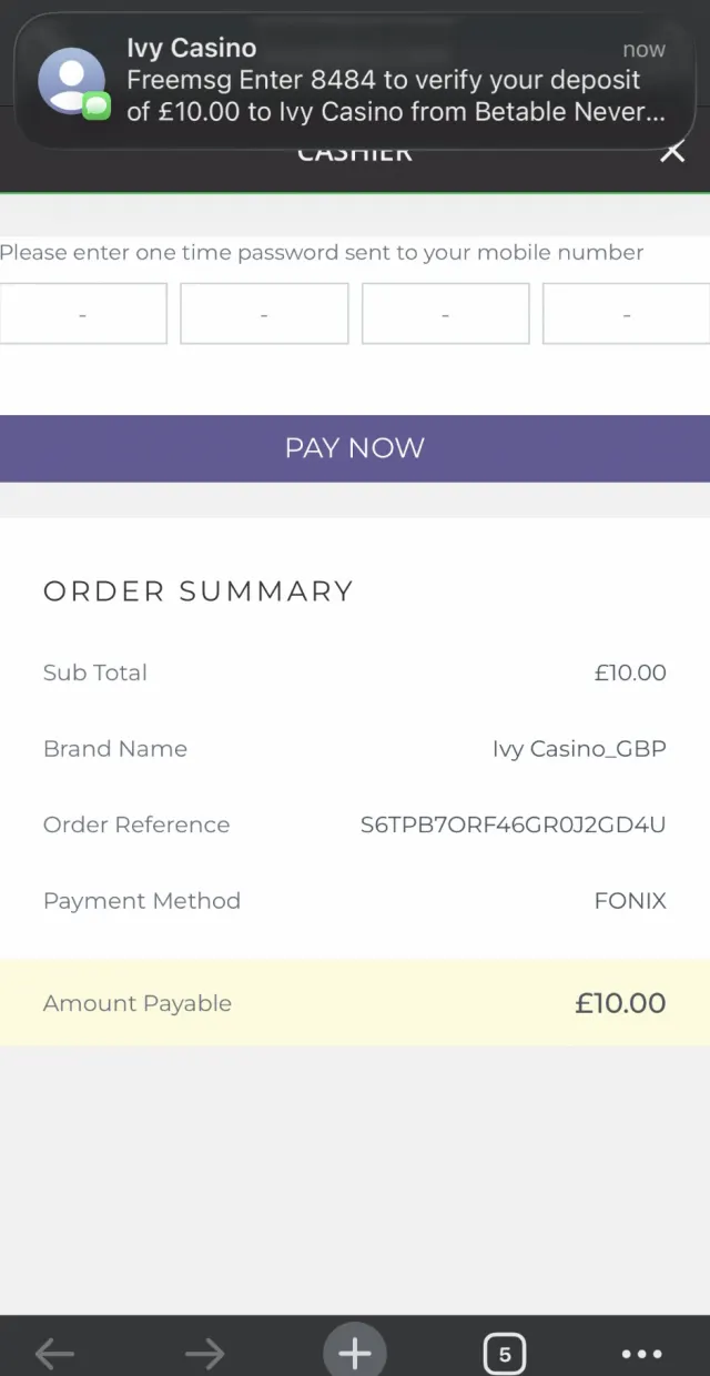 Ivy Casino deposit, step 7: Fonix texts a one-time code (8484). Enter it and tap Pay Now.