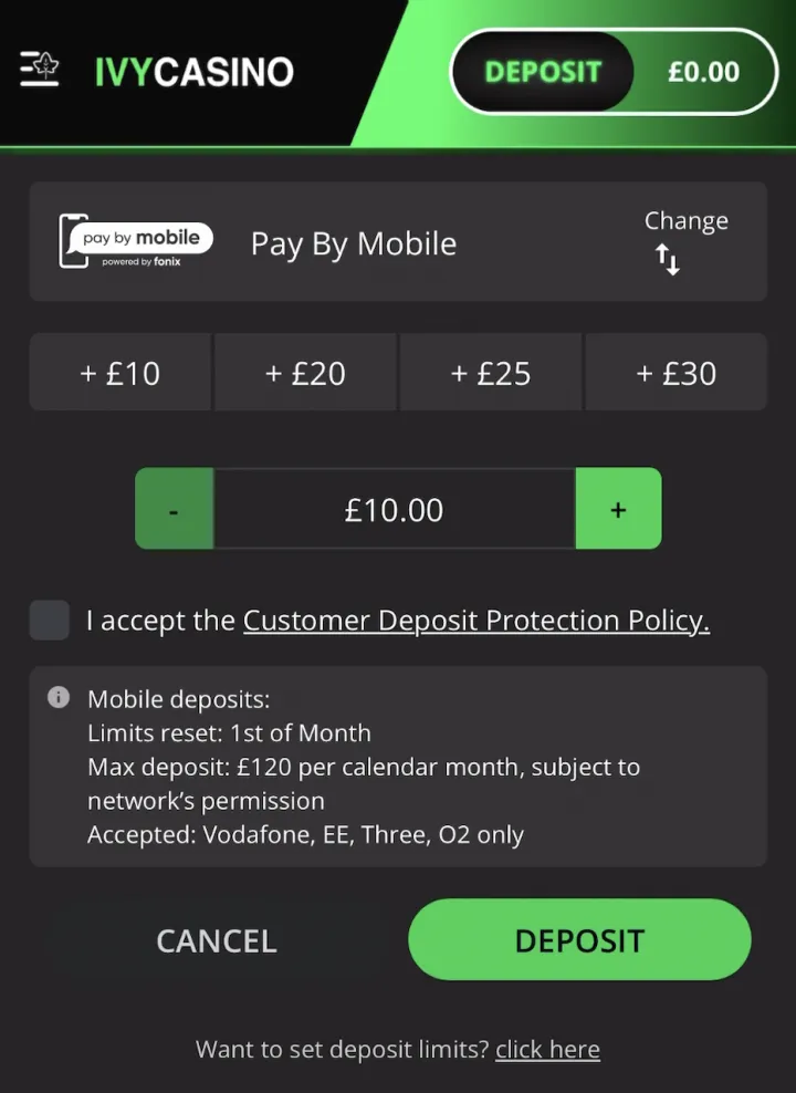 Our real £10 Fonix Pay By Mobile deposit at Ivy Casino, June 2026, accepted on Vodafone, EE, Three and O2